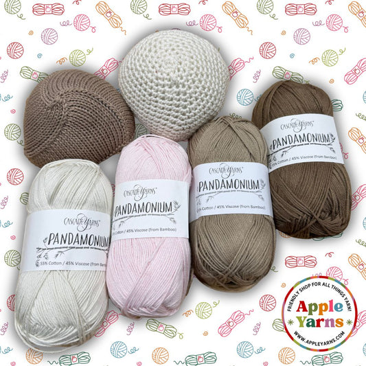 Pandamonium by Cascade Yarns, assorted skeins of yarn with 'Apple Yarns' branding on a patterned background