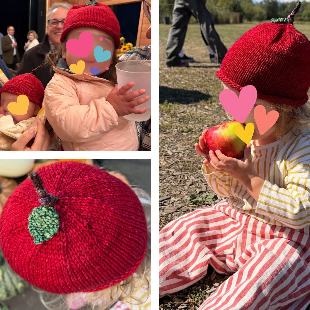 Apple Hat Kit: A collage showing a child wearing a red knit pumpkin-shaped hat outdoors and in a social setting. The hat has a green leafy stem detail.