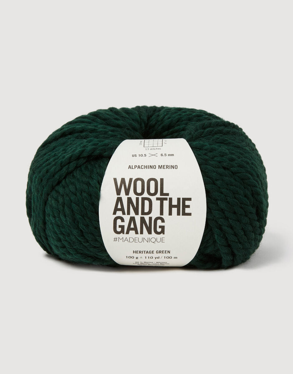Alpachino Merino, Dark green skein of yarn with 'Wool and the Gang' label on a light gray background