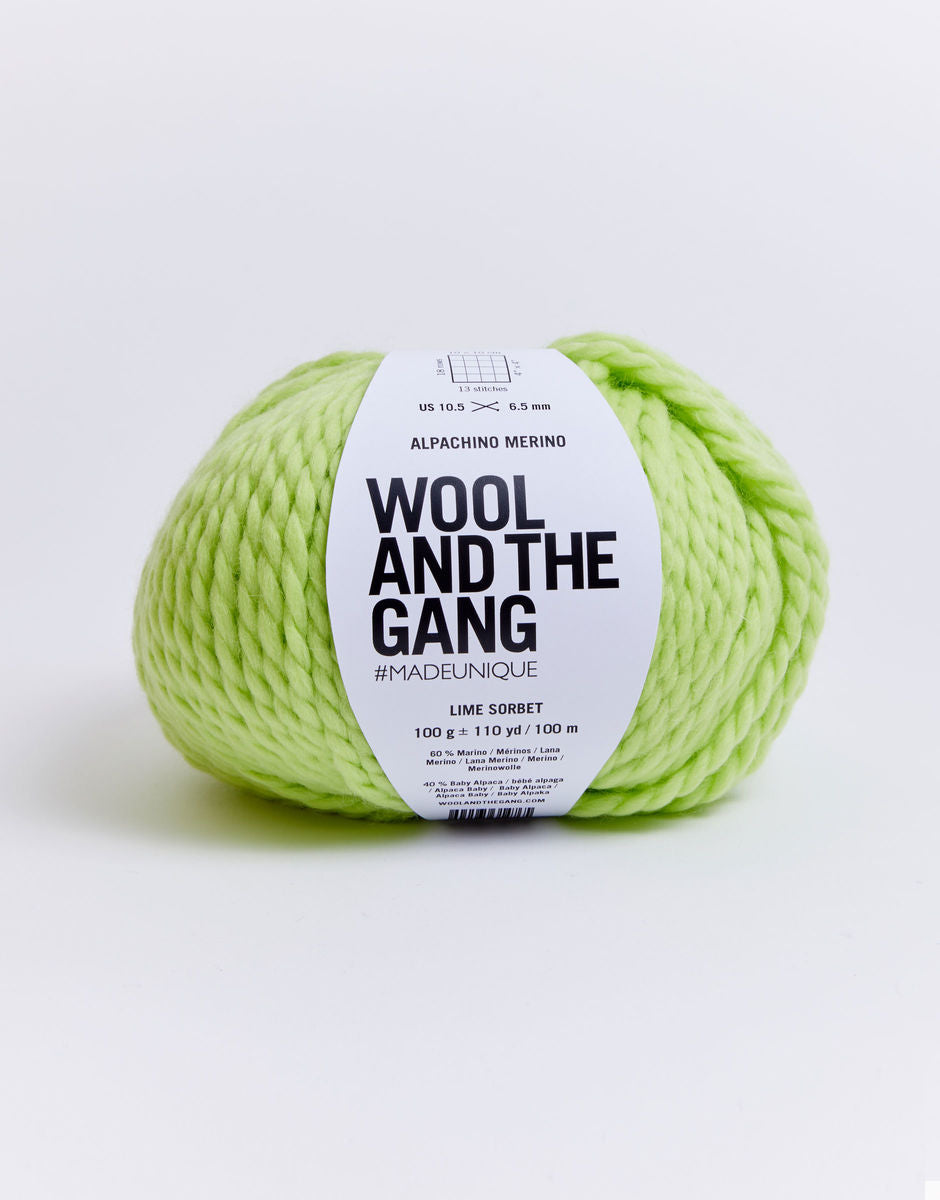 Alpachino Merino, Green ball of yarn with 'Wool and the Gang' label on a white background