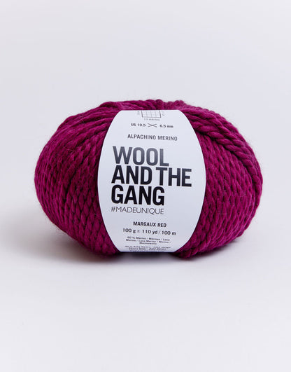 Alpachino Merino, Ball of pink yarn with 'Wool and the Gang' label on a white background