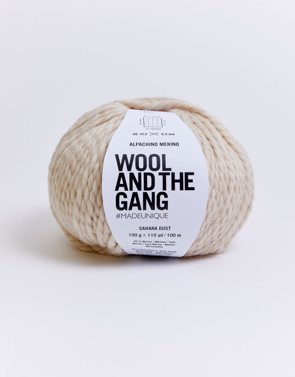 Alpachino Merino, Ball of yarn with 'Wool and the Gang' label on a white background