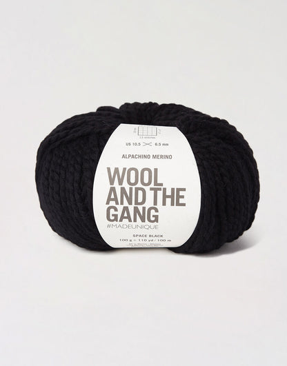 Alpachino Merino, Black yarn skein with 'Wool and the Gang' label on a white background