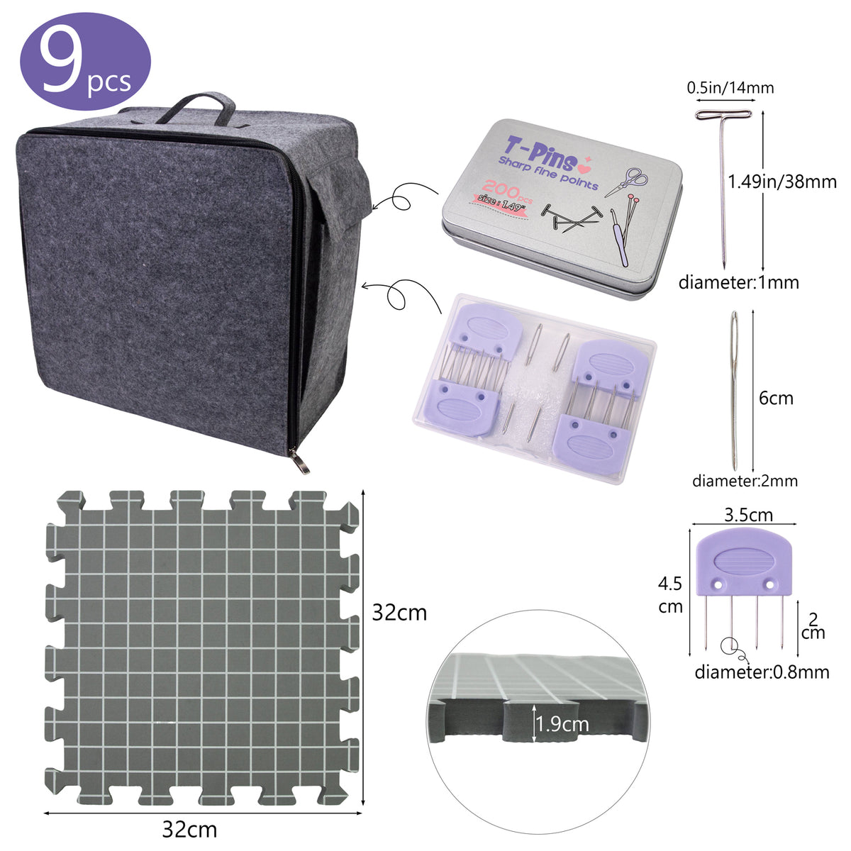 Blocking Matts - A 9-piece sewing needle kit shown with a dark gray carrying case, a metal tin of needles, a plastic tray of sewing needles, and dimension callouts for the case, tin, needles, and a purple needle holder. The image includes a puzzle-piece-style storage mat and a small tool, all on a white background.