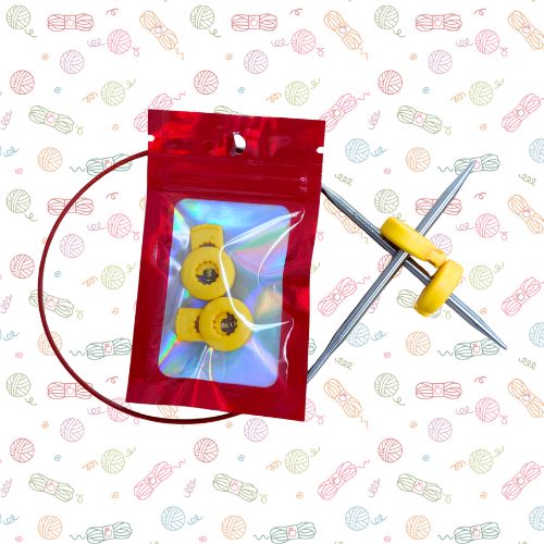 Point Protectors: A circular knitting needle set with yellow grip covers and a red zip pouch package, displayed on a white background with a repeating yarn ball pattern.