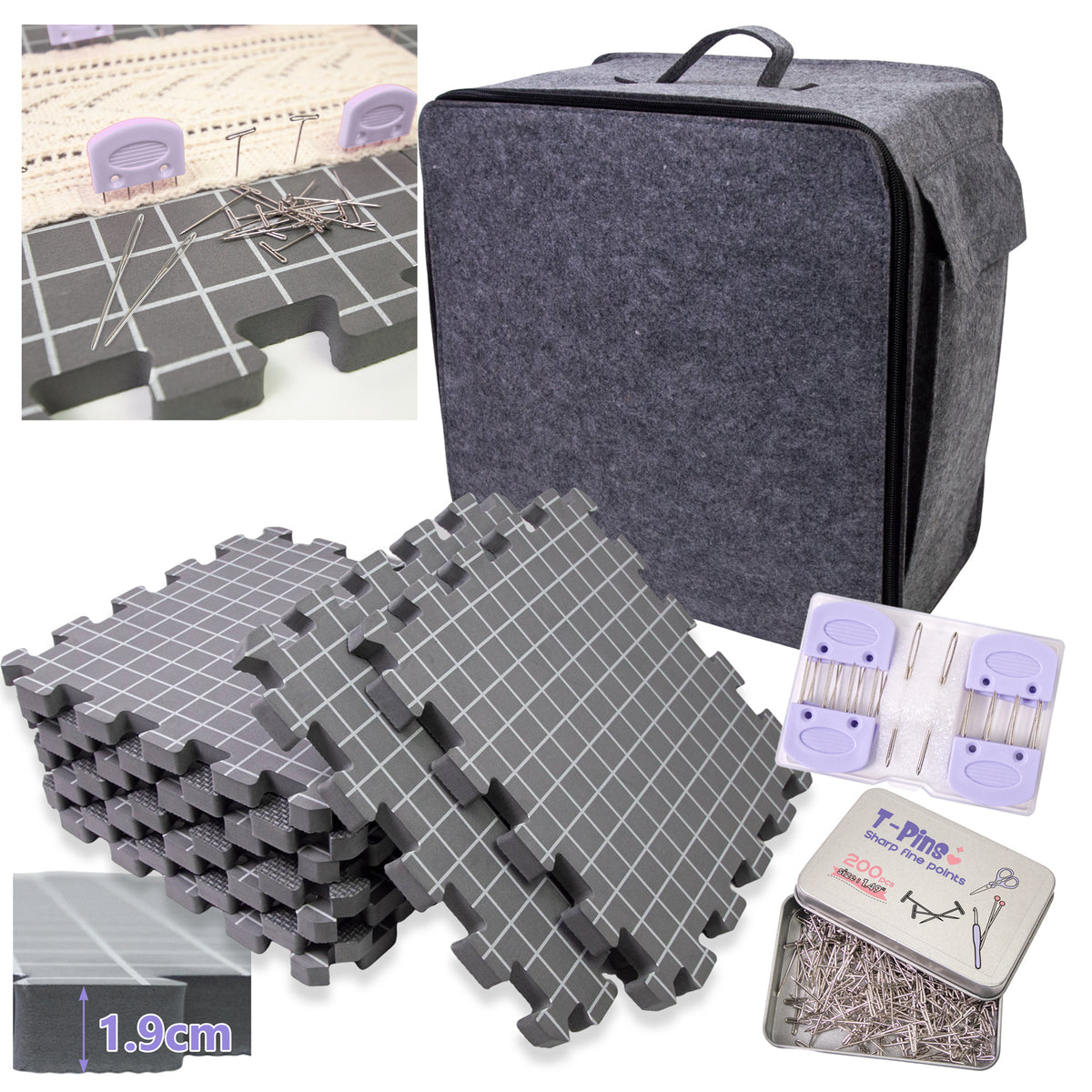Blocking Matts - A sewing puzzle mat set with a dark gray felt carrying case, interlocking gray puzzle mats, lavender thread spools, metal pins, and a small metal tin of T-Pho brand pins, shown on a white background with a small inset demonstrating the mats.