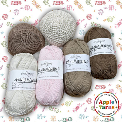 Pandamonium by Cascade Yarns, assorted skeins of yarn with 'Apple Yarns' branding on a patterned background