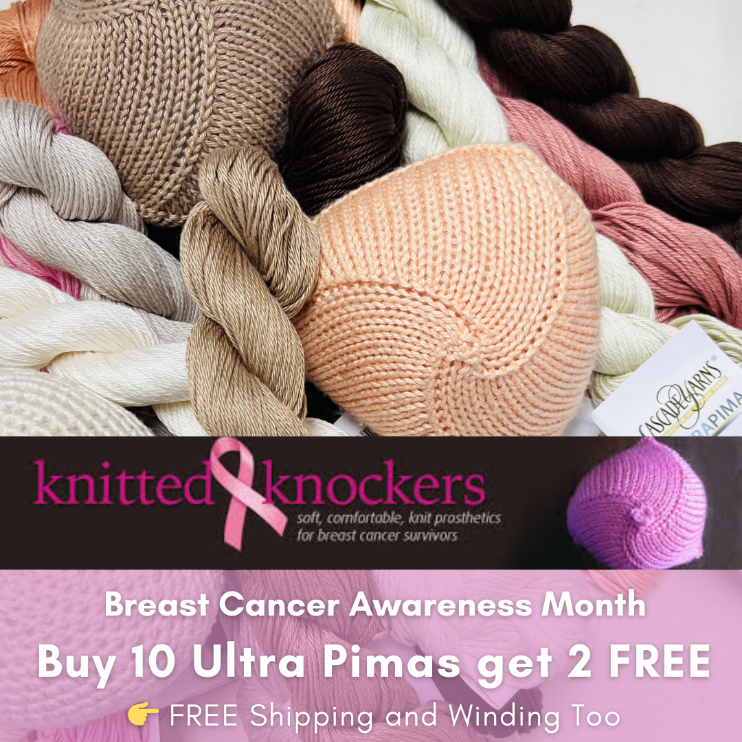 Promotional image featuring multiple skeins of Ultra Pima yarn in various colors, with a focus on buying 10 skeins and receiving 2 free, and a tag for Breast Cancer Awareness Month.