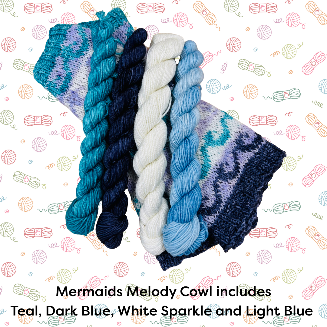 Mermaid's Cowl Kit, set of yarn skeins in teal, dark blue, white, and light blue on a patterned background.