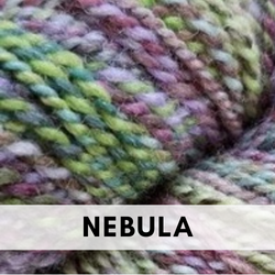This is a picture of DK weighted yarn with blues, greens, and purples with highlights of lavender.