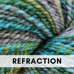 This is an image of yarn infused with the colors of blue, gray, green, and yellow in a twisted DK style.